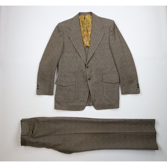 Vintage 70s Streetwear Mens 42R Distressed 2 Piece Knit Suit Rainbow Fleck USA